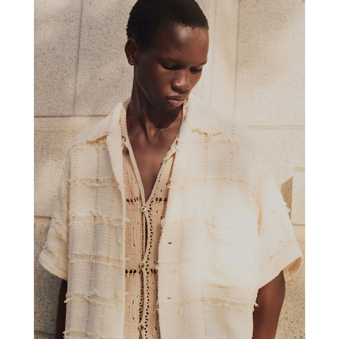 FRINGE CHECK TWEED OPEN COLLAR SHIRT