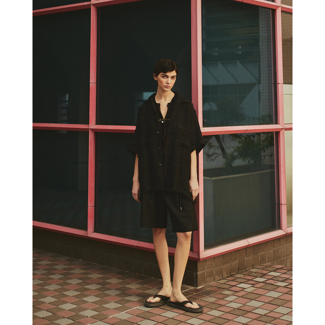 FRINGE CHECK TWEED OPEN COLLAR SHIRT