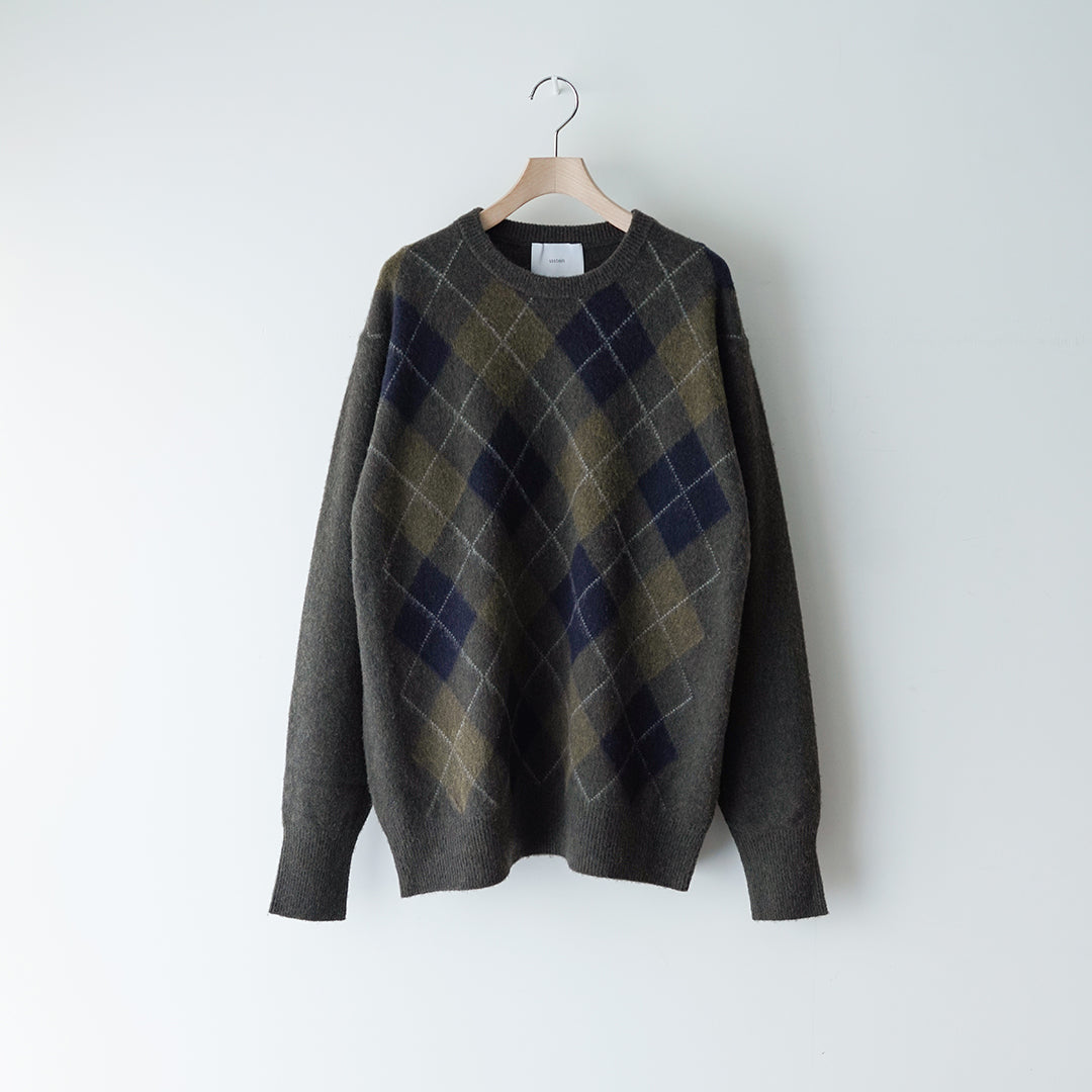 FINE WOOL ARGYLE KNIT CREW NECK LS
