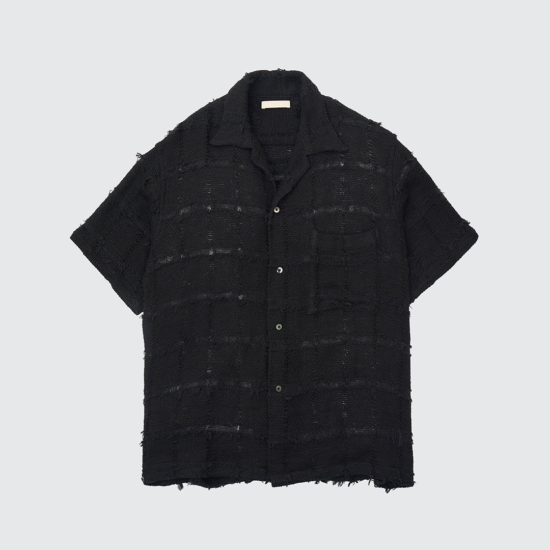 FRINGE CHECK TWEED OPEN COLLAR SHIRT
