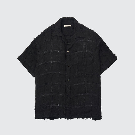 FRINGE CHECK TWEED OPEN COLLAR SHIRT