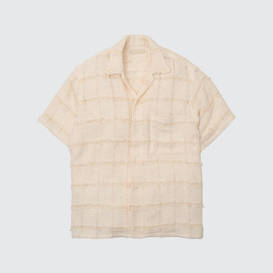 FRINGE CHECK TWEED OPEN COLLAR SHIRT